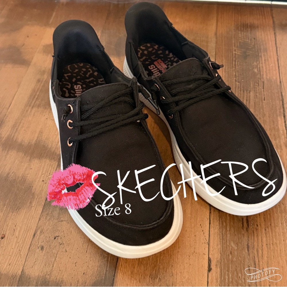 BOBS from Skechers Women’s Black Canvas Slip-On Sneakers with White Soles